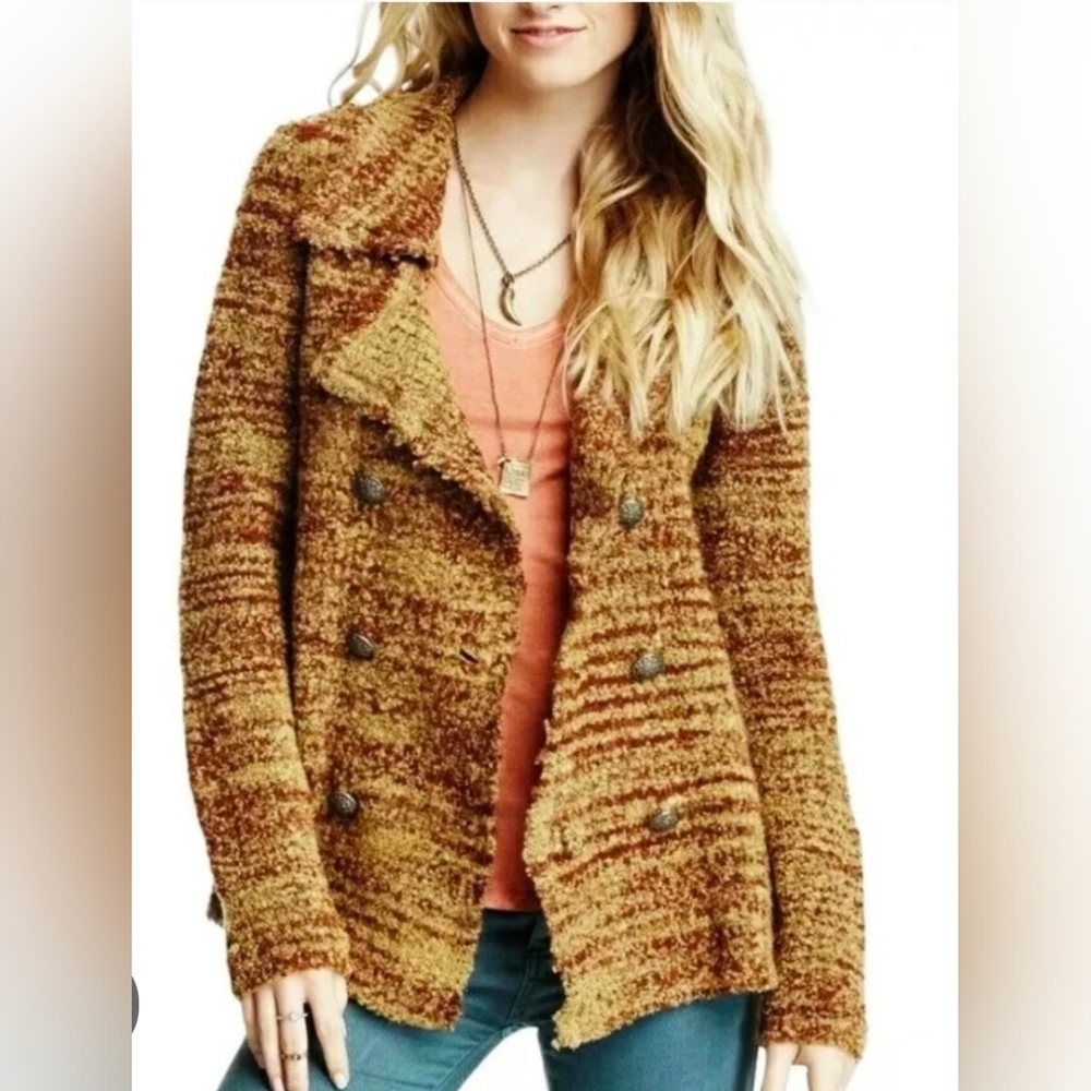 Free People Brown Double Breasted Cardigan Sweater Coat Sz M Boho Grunge